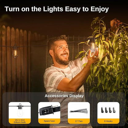 East Oak Outdoor String Lights LED 48FT, Patio String Lights Waterproof with 15 Shatterproof Vintage Edison Bulbs for Christmas Backyard Porch Party Warmlight