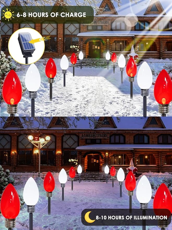 12 Pack Jumbo C9 Solar Christmas Lights, Large Bulbs Waterproof Outdoor Christmas Decorations, Solar Powered Lights | Lumora
