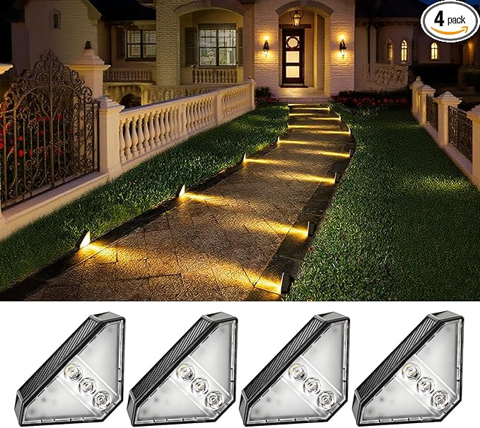 Solar Stair Lights 4 Pack, Solar Step Lights Outdoor Waterproof IP65, Outdoor Light Decor for Garden Stair, Deck, Front Step, Front Porch, and Patio, （Warm White, 3000K）