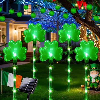5 Pack St. Patrick's Day Solar Pathway Lights Outdoor - Green LED Shamrock Landscape Stake Lights, Waterproof Solar Powered Plug-in Lawn & Garden Decor for Yard, Walkway, Irish Party Decorations