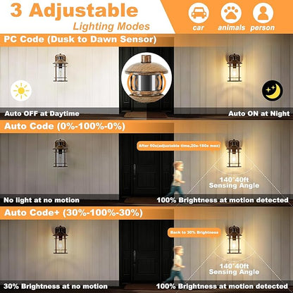 OKELI Upgraded Porch Lights with GFCI Outlet-Motion Sensor & Dusk to Dawn Outdoor Light Fixture,3 Lighting Modes Waterproof Anti-Rust Faux Wood Grain Outdoor Lights for House Porch Garage (2 Pack