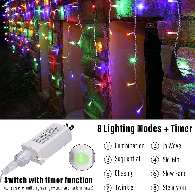 Joomer Christmas Icicle Lights - 33FT Plug in String Lights Waterproof, 8 Modes Timer Connectable Outdoor String Light for Christmas Party, Eaves, Roofs, Xmas Decorations (Multicolor)