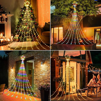 Christmas Decorations Star String Lights - 344 LED 11.8ft 9 Strands Waterfall Tree Lights with Topper Star, 8 Lighting Modes Indoor Outdoor Lights for Wedding Yard Party Home, Warm White & Multicolor