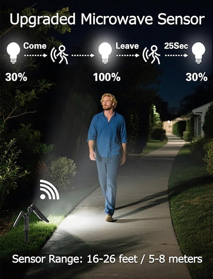 Solar Spotlights Micro-wave Motion Sensor, Outdoor Flood Lights Waterproof with 62pcs Bright LEDs, Landscape Solar Powered Motion Spot Light Dusk-to-Dawn for Garden, Yard, Ground, Wall (White, 2pcs)