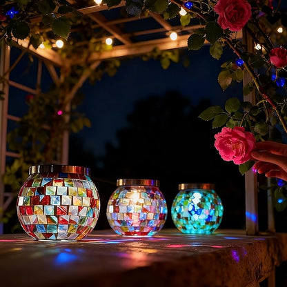 Cooo 4 Pack Valentines Day Gifts for Him Her Landscape Lighting Path Lights Heavy Solar Mosaic Lantern with RGB Color-Changing Light – Dual Solar Panels, Red Amber Glass Tiles, Waterproof Outdoor