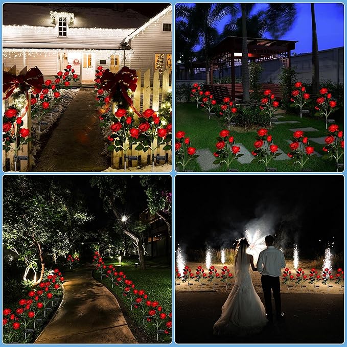 4 Pack Outdoor Solar Flower Lights with 20 Waterproof Realistic Solar Powered Rose Flowers Waterproof Decorative Lights for Garden Outside Patio Yard Lawn Pathway Backyard Decor(Red)