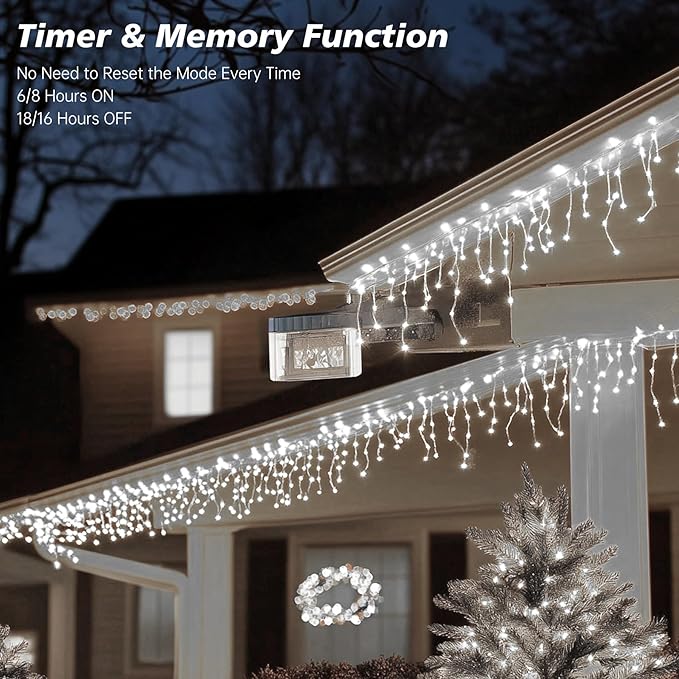 Icicle LED Christmas Lights Outdoor, 624 LED 59FT 8 Modes with 96 Drops Cool White Icicle Lights,Outdoor Indoor Fairy String Lights for Christmas Party,Holiday,Wedding Decorations