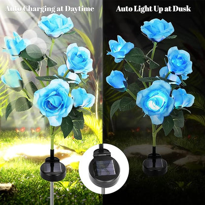 Solar Rose Lights Outdoor, 2 Pack with 14 Rose Flowers Waterproof Color Changing LED Flower Lights, Solar Powered Garden Stakes for Yard, Patio, Pathway Decor - Artificial Floral Decorative Lighting