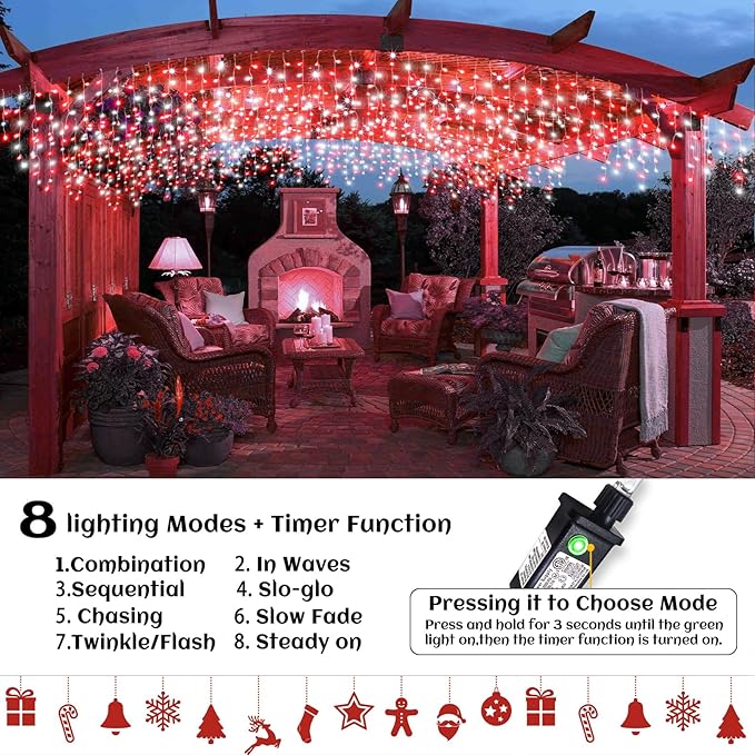 33ft Icicle Lights for Outside, Red and White Christmas Lights Outdoor Indoor, 400 LED Twinkle String Light with 75 | Lumora