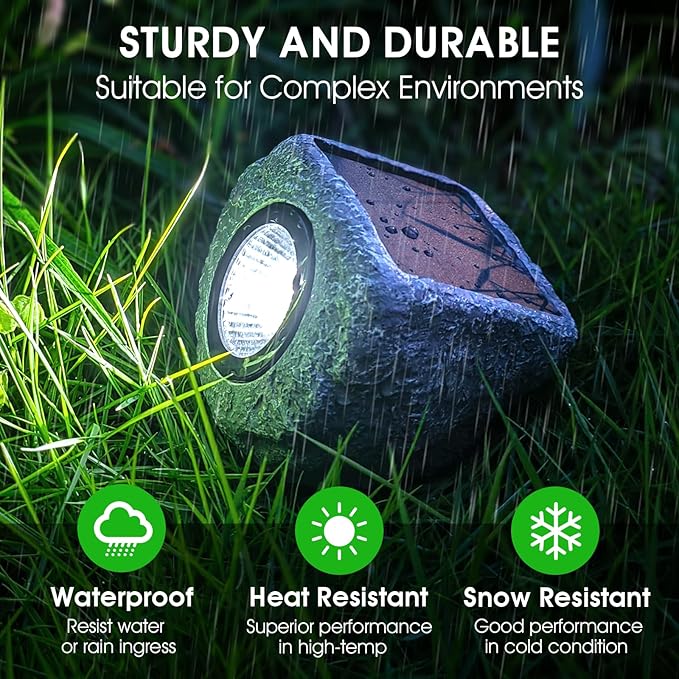 4 Pack Solar Garden Rock Lights Outdoor, 20 LM Bright White Spotlights with Auto On/Off, IP65 Waterproof 6000K Led Solar Powerd Landscape Stone Lights for Pathway Walkway Yard Patio