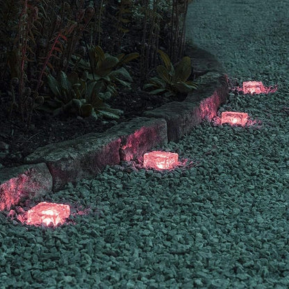 4 Pack Solar Path Ice Cube Lights Outdoor, Waterproof Glass LED Glass Clear Brick in-Groud Buried Festive Light Night Lamp for Garden Courtyard Pathway Patio Pool Pond Decoration(Red)