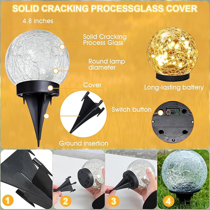 Solar Globes Outdoor Waterproof, 4.88''Cracked Glass Solar Lights Outdoor Bright Up to 14H,IP65 Waterproof Globe Light for Walkway,Patio,Landscape,Path,Garden Warm White (4)