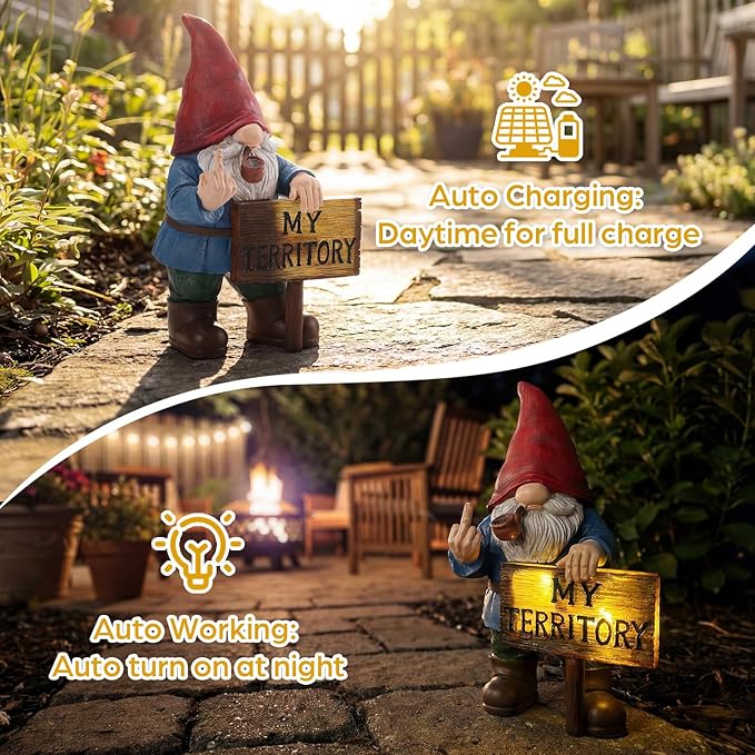 Lavezee Funny Garden Gnome, Middle Finger Gnomes Statue with Solar Lighted Sign – “My Territory” for Patio Backyard Porch Outdoor, Humorous Housewarming Birthday Gifts for Men Dad Husband