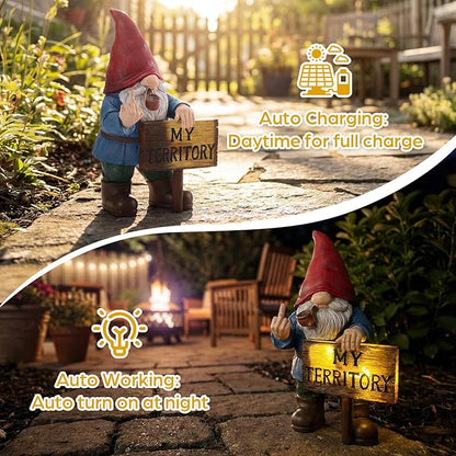 Lavezee Funny Garden Gnome, Middle Finger Gnomes Statue with Solar Lighted Sign – “My Territory” for Patio Backyard Porch Outdoor, Humorous Housewarming Birthday Gifts for Men Dad Husband