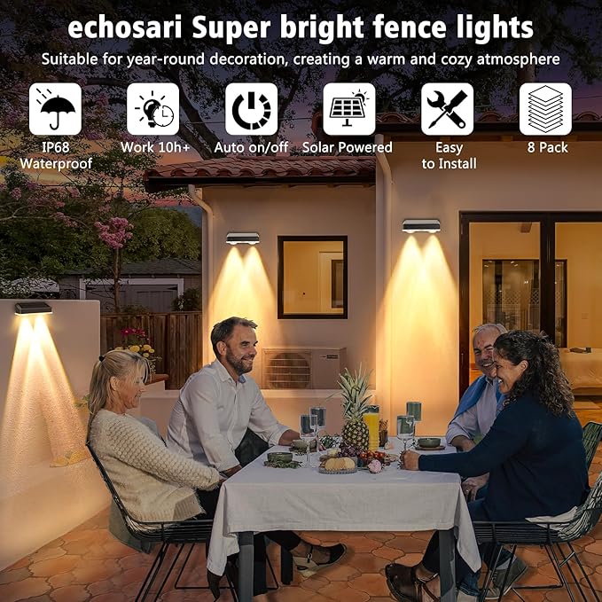 echosari Solar Fence Lights 8 Pack, 100 Lumen Ultra Bright Solar Wall Lights Outdoor Waterproof Lighting Auto ON/Off for Backyard Patio Railing Porch Step (2700K Warm White)