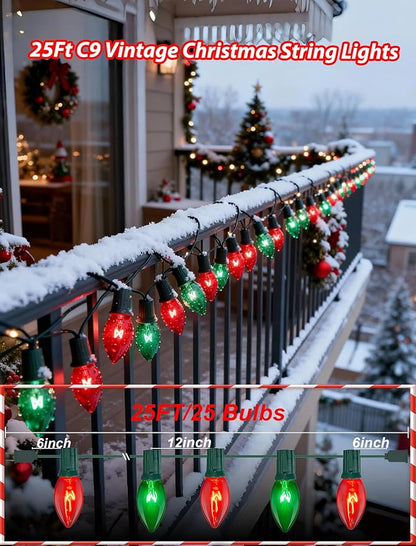 25ft Red and Green Outdoor Christmas Lights,C9 Vintage Christmas String Lights with 26 Red Green Bulbs(1 Spare),Waterproof Hanging Christmas Lights for Roofline Tree Backyard Decor