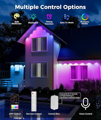 Permanent Outdoor Lights, 100ft RGB & 60pcs LED Lights, 79 Scene Modes with Timer for Smart Outdoor Decorations, IP67 Waterproof Works with Alexa and Google