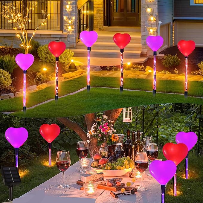 6 Packs Outdoor Pathway Lights-Solar Powered Heart Garden Path Stake for Valentines Day Decor Waterproof Red Pink Hearts Shaped Lighting for Porch Walkway Romantic Wedding Party Yard Lawn Decorations