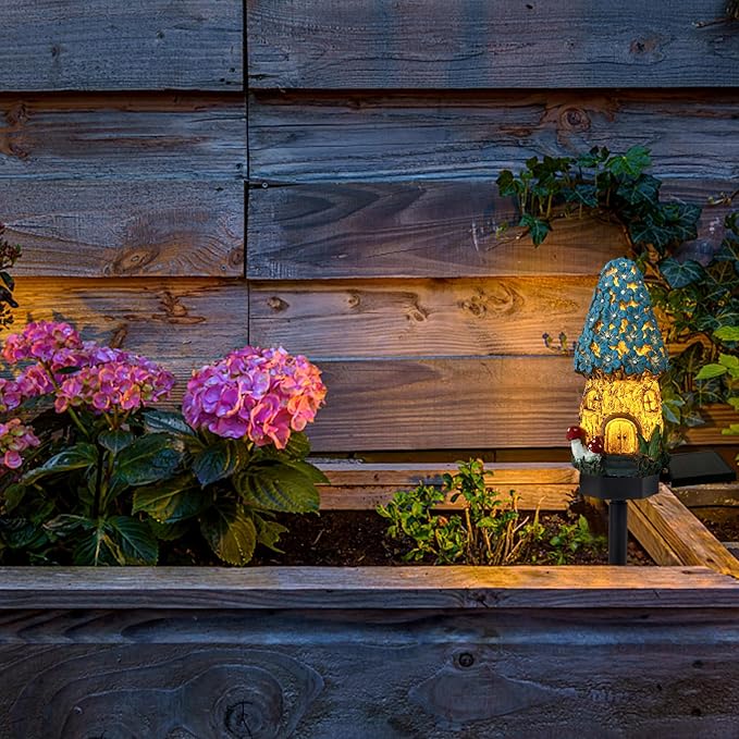 Mushroom Solar Lights Outdoor, Waterproof Fairy Houses Mushroom Garden Decor Decorative Solar Powered Garden Stake Lights for Outside Lawn Walkway Patio Yard (Blue)