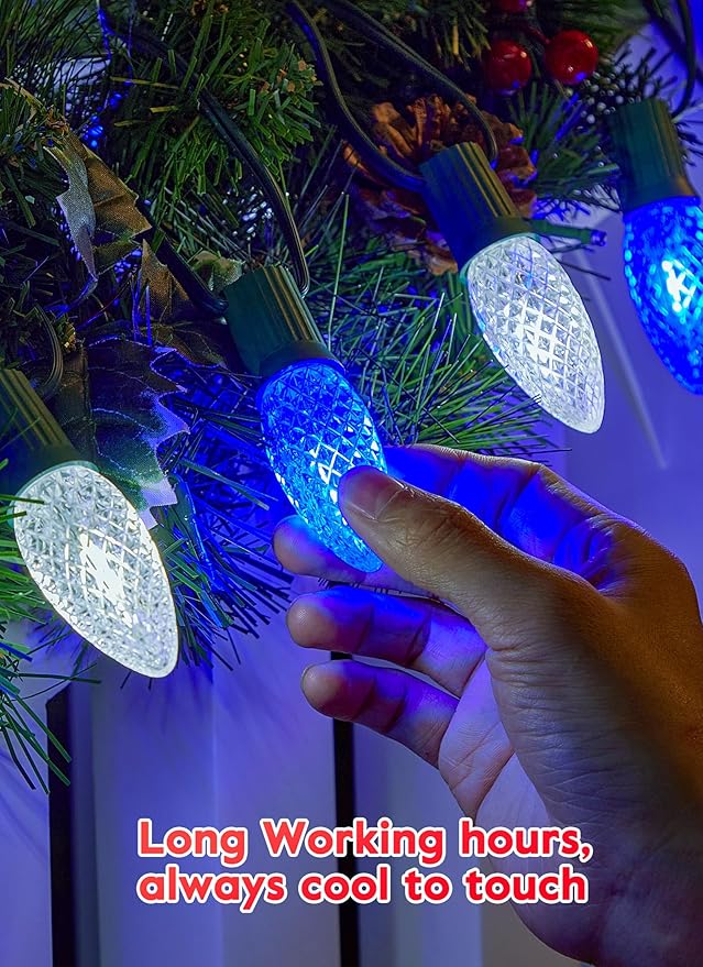 Minetom 100 Feet Led Christmas Lights,Blue White C9 Christmas String Lights Outdoor, 100 Strawberry Bulbs Connectable UL Certified for Indoor Outdoor Roofline Patio Holiday Party Backyard Xmas Decor