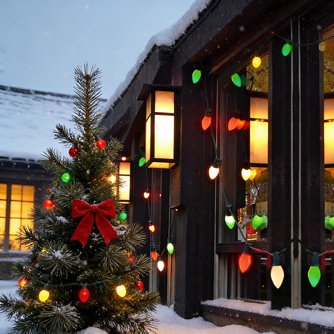 25Ft Multicolor Christmas Lights Outdoor, C7 Vintage String Lights with 25 Red Green White Ceramic Incandescent Bulbs, Hanging Patio Lights for Porch Roofline Xmas Tree Garden Valentine's Day Decor