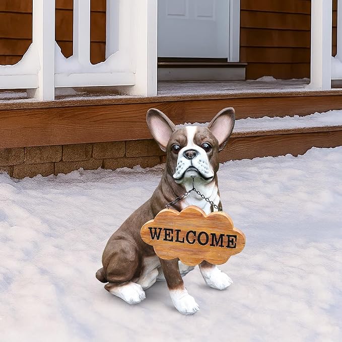Outdoor Boston Terrier Dog Statue with Interchangeable Welcome Sign and Detachable Solar Lantern –LED Light Garden Dog Sculpture Décor, Cute Puppy Design for Yard, Porch, Gift