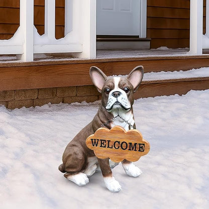 Outdoor Boston Terrier Dog Statue with Interchangeable Welcome Sign and Detachable Solar Lantern –LED Light Garden Dog Sculpture Décor, Cute Puppy Design for Yard, Porch, Gift