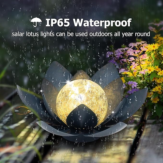 Huaxu Solar Lights Outdoor Garden Decor Crackle Glass Globe Lotus Flower Gray Metal Waterproof Light for Patio | Lumora