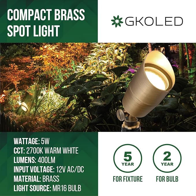 GKOLED Solid Brass Low Voltage Compact Spotlight, 12V AC/DC Waterproof Outdoor Landscape Spot Lights for House | Lumora