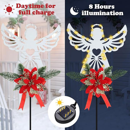 Baquler 2 Pack Christmas Solar Angel Stake Lights 32" Christmas Cemetery Grave Decorations with Poinsettia for Xmas Cemetery Memorial Outdoor Yard Pathway Garden Lawn Decorations