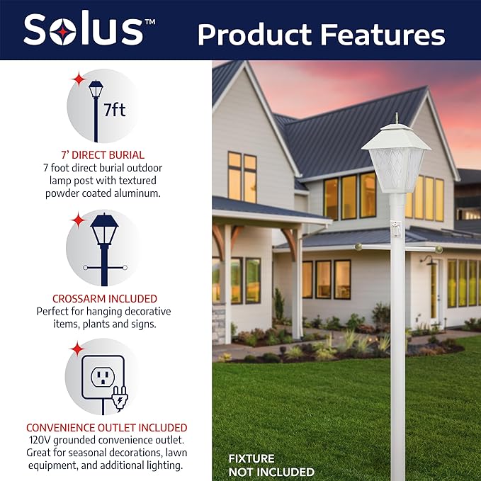 Solus 7-Foot Direct Burial Lamp Post – Outdoor Aluminum Light Pole with Decorative Cross Arm & 120V Outlet – Fits | Lumora