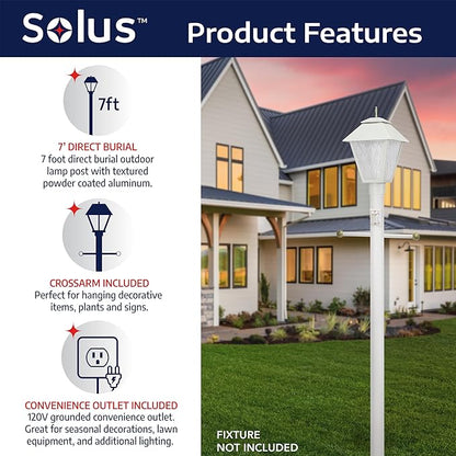 Solus 7-Foot Direct Burial Lamp Post – Outdoor Aluminum Light Pole with Decorative Cross Arm & 120V Outlet – Fits 3" Post Top Fixtures, Made in USA, Black, Bronze, or White, (White, Set of 2)