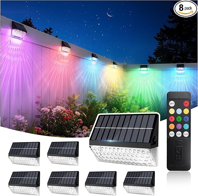 LumiZen Solar Deck Lights 8 Pack, 12 Modes RGB Color with Remote Dimmable Solar Fence Lights Outdoor Led Powered | Lumora