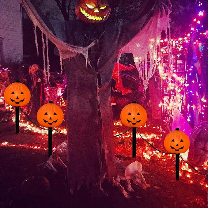 SUNSGNE Halloween Pathway Lights Outdoor, Set of 4 Halloween Pumpkin Stake Lights, Connectable Jack-O-Lantern Walkway Light for Holiday Garden Party Driveway Lawn Lighting Decor