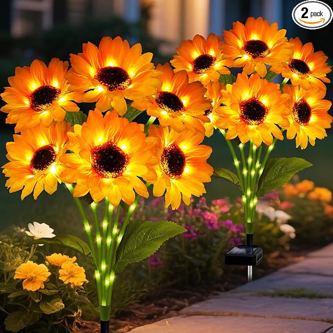 Solar Garden Lights Outdoor, 2 Pack Sunflower Lights with 12 Sunflower, Waterproof 60 Led Garden Fall Decor, Gifts for Mom Grandma, Decorative Solar Flowers for Pathway Patio Yard Flowerbed Decoration