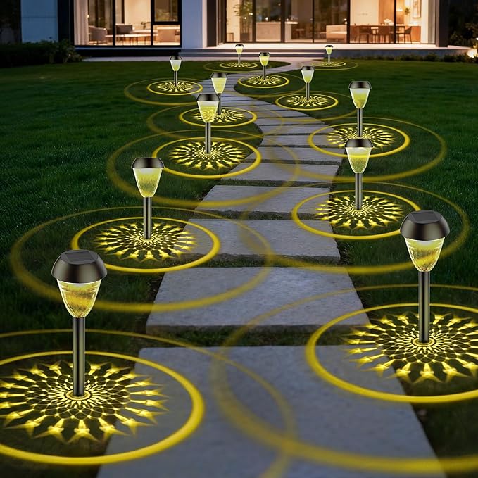 2 Pack Solar Pathway Lights Outdoor, New Upgraded Waterproof LED Lights, 3 Variants (Warm White/Golden/7-Color Slow Flash) with Unique Lamp Shade Patterns, for Garden (2-Pack Warm Light)