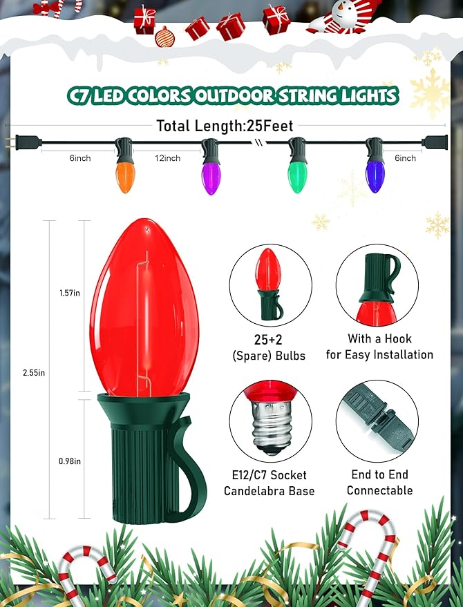 C7 Christmas String Lights 25Ft LED Outdoor Christmas Lights with 27 Clear Multicolor LED Bulbs(2 Spare), Vintage | Lumora