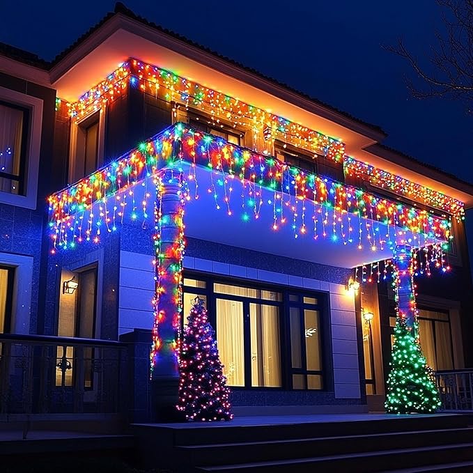 Dazzle Bright Christmas Icicle Lights, 88.5 FT 1080 LED 8 Modes Curtain Fairy Lights with 180 Drops, Xmas String Lights for Outdoor Holiday Wedding Party Decorations (Multi-Colored) (Pack of 2)