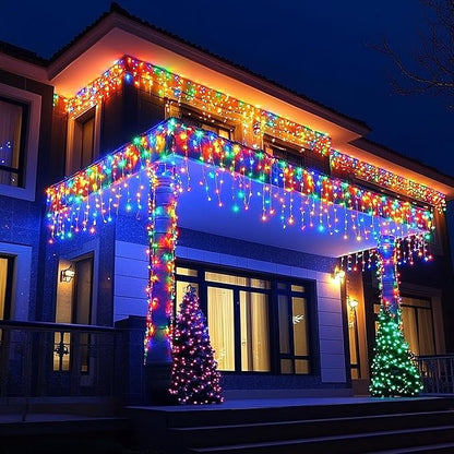 Dazzle Bright Christmas Icicle Lights, 88.5 FT 1080 LED 8 Modes Curtain Fairy Lights with 180 Drops, Xmas String Lights for Outdoor Holiday Wedding Party Decorations (Multi-Colored) (Pack of 2)