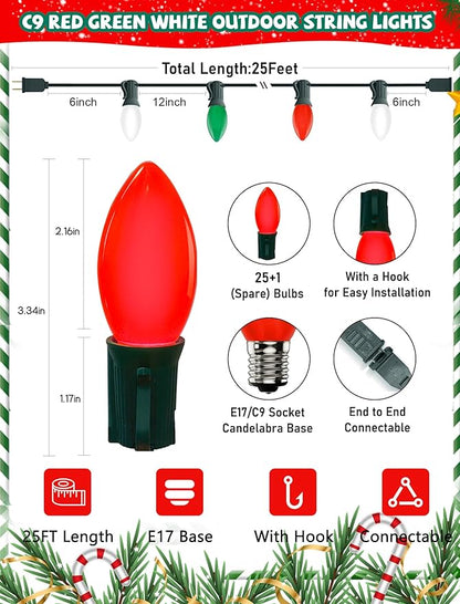 C9 LED Christmas Lights Outdoor, 25Ft Outdoor Valentine's Day Decorations String Lights with 26 C9 LED Red White Green Bulbs, Hanging Vintage Christmas Light for Garden Party Porch Pathway Roofline