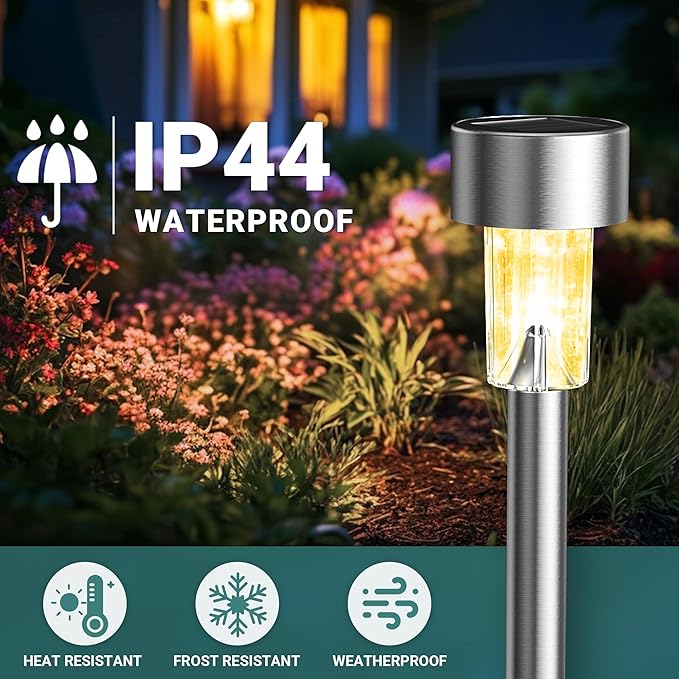 GIGALUMI Solar Lights Outdoor Waterproof, 20 Pack, Stainless Steel LED Solar Garden Lights for Patio, Lawn, Yard and Landscape,Garden Decor Patio Decor, Warm White