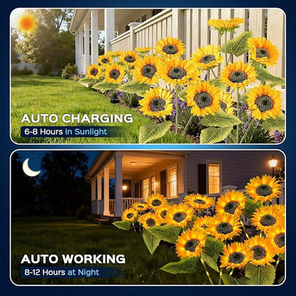 3 Pack Solar Garden Lights Outdoor, 2 Lighting Modes Warm White LED Waterproof Solar Powered Sun Flowers Landscape Light for Outside Yard, Patio, Pathway Decorative, Décor, Gifts