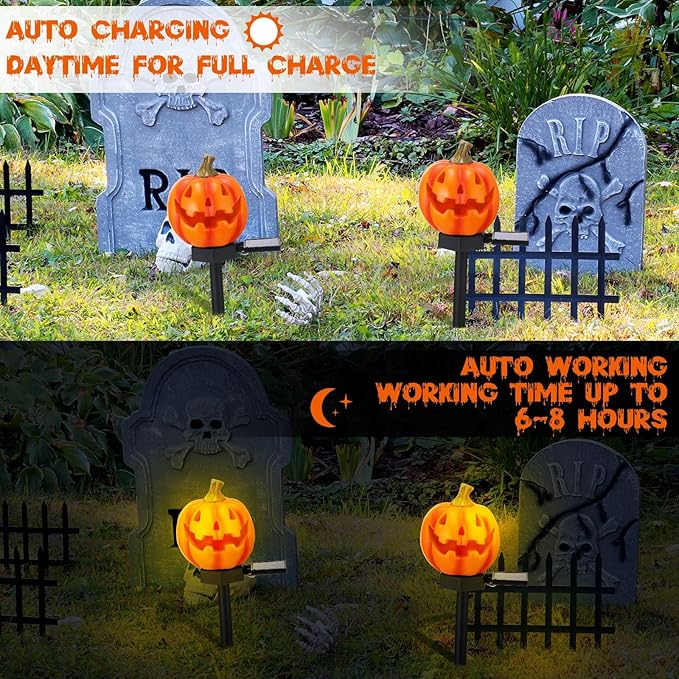 Retisee Halloween Solar Lights Pumpkin Pathway Waterproof Outdoor Pumpkin Decor Jack O Lantern Solar Lights for Orange Yard Patio Garden(4 Pack)