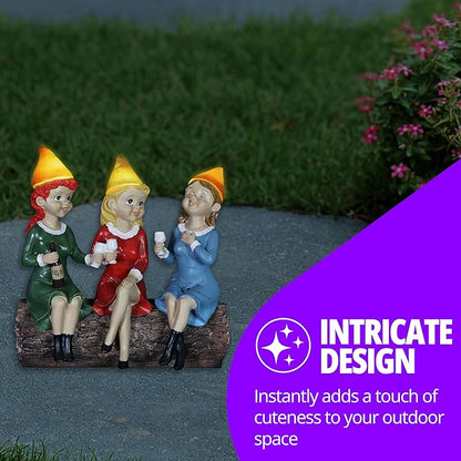 Exhart Garden Gnomes, Girl's Night Wine Drinking Solar Garden Gnome Statue, LED Hats, Outdoor Lawn and Yard Decoration, 5.5 x 10.5 x 9.5 Inch, Multicolor, Resin