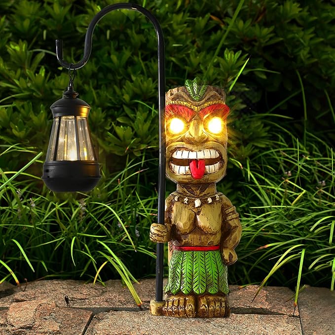16.7" H Tiki Decor Garden Statue,Large Lantern Tiki Figurine with Solar Lights,Hawaiian Tiki Man Outdoor Patio Yard | Lumora