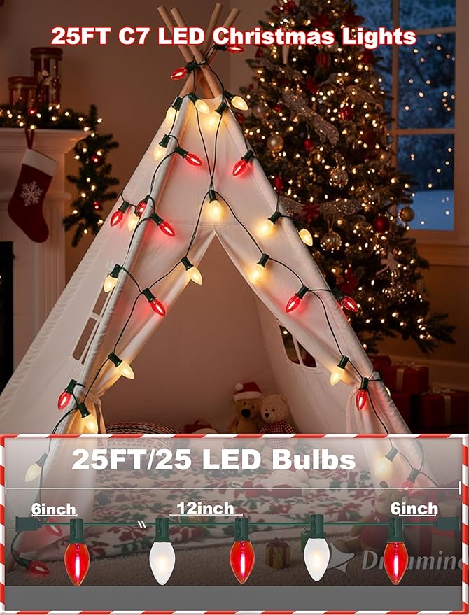 Red and White Christmas Lights Outdoor,25ft C7 LED Christmas Lights with 27 Transparent Red and Frosted White Bulbs,Connectable Vintage Light for Patio Xmas Garden Party Holiday Decor