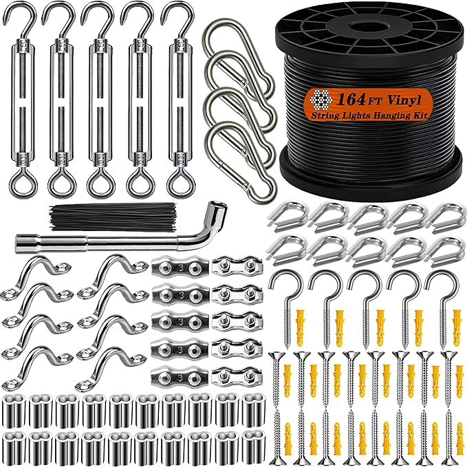 164FT Outdoor String Light Hanging Kit | Black Vinyl-Coated 304 Stainless Steel Wire Rope | Turnbuckles & Hooks | | Lumora