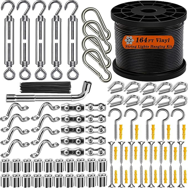 164FT Outdoor String Light Hanging Kit | Black Vinyl-Coated 304 Stainless Steel Wire Rope | Turnbuckles & Hooks | | Lumora