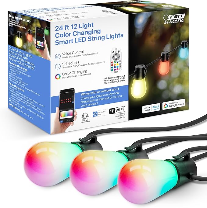 Feit Electric 24ft Smart Outdoor String Lights, 12 Socket Color Changing Works with Alexa/Google Assistant, Heavy | Lumora