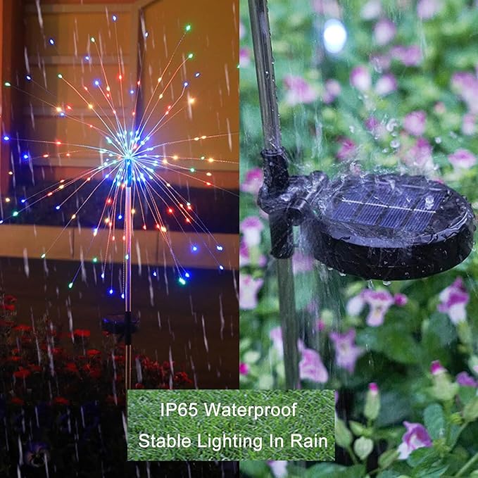 Solar Garden Firework Lights Outdoor Waterproof, 2 Pack 150 LED 8 Lighting Modes Sparklers Solar Twinkling Starburst Lights for Yard Flowerbed Pathway Fence Decorations, Multicolor